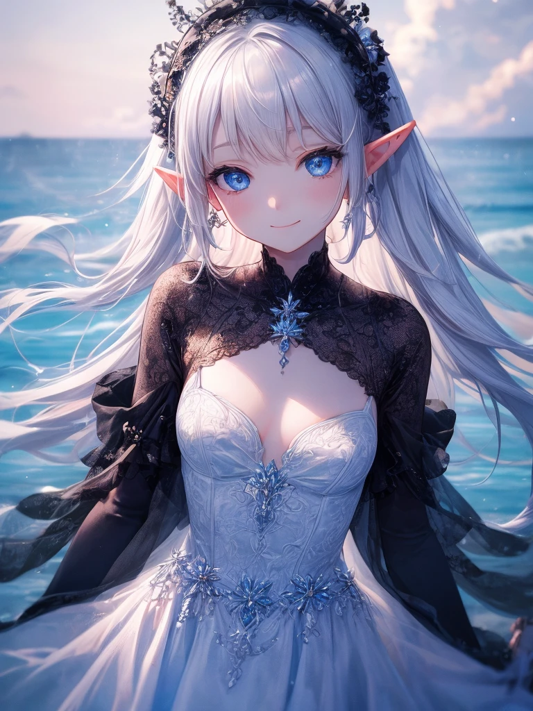 art by Cornflower,(master piece),(4k),high quality,(perfect anatomy),flat chest,1girl,elf,long blue hair,pale skin,beautiful smile,beautiful detailed blue eyes,light blue dress,multilayered outfit, (Highly detailed elegant), Magical colors and atmosphere, Detailed skin,The background is soft and blurry,Add a dramatic and symbolic element to your scene, Bokeh, Silky to the touch, Hyper Detail,in white beach,blue sky,soft pastel tones,cinematic lighting,cowboy shot