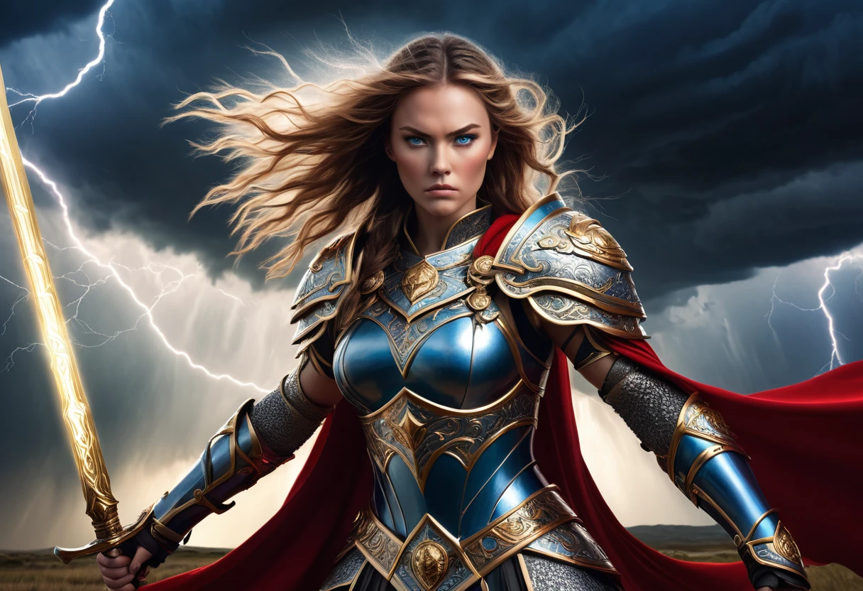 A fierce female warrior standing on a battlefield. She wears intricately designed armor with silver and gold accents, and a flowing red cape billows behind her. In one hand, she holds a gleaming sword with ancient runes, and in the other, a round shield adorned with a lion emblem. Her piercing blue eyes and determined expression convey strength and courage. The background features a dramatic sky with dark storm clouds and flashes of lightning, highlighting the intensity of the scene. A natural style - a metallic nuance - chiaroscuro lighting - a romantic atmosphere - HDR effect.