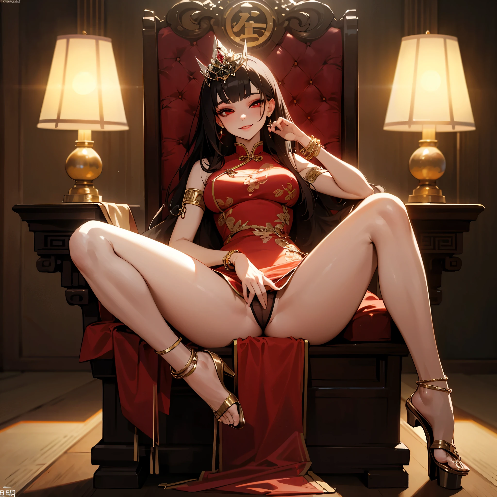 photorealistic, seductive asian princess, luxurious tight mini chinese dress, (on a throne, spread legs and lift up skirt and show off detailed sexy (sheer see-through) panties), (perfect anatomy), 8k, raw photograph, best quality, masterpiece, (detailed character), detailed anime face, full body concept, center of screen, stiletto heel, luxurious jewelrys, chinese tiara, hair ornaments, large presence earring, bracelets, anklets, trinkets, red eyes, smoky makeup, eyeshadow, heavy makeup, sexual temptation, sexual suggestiveness, seductive smile, oriental style, lamp lights, lens flare, film grain