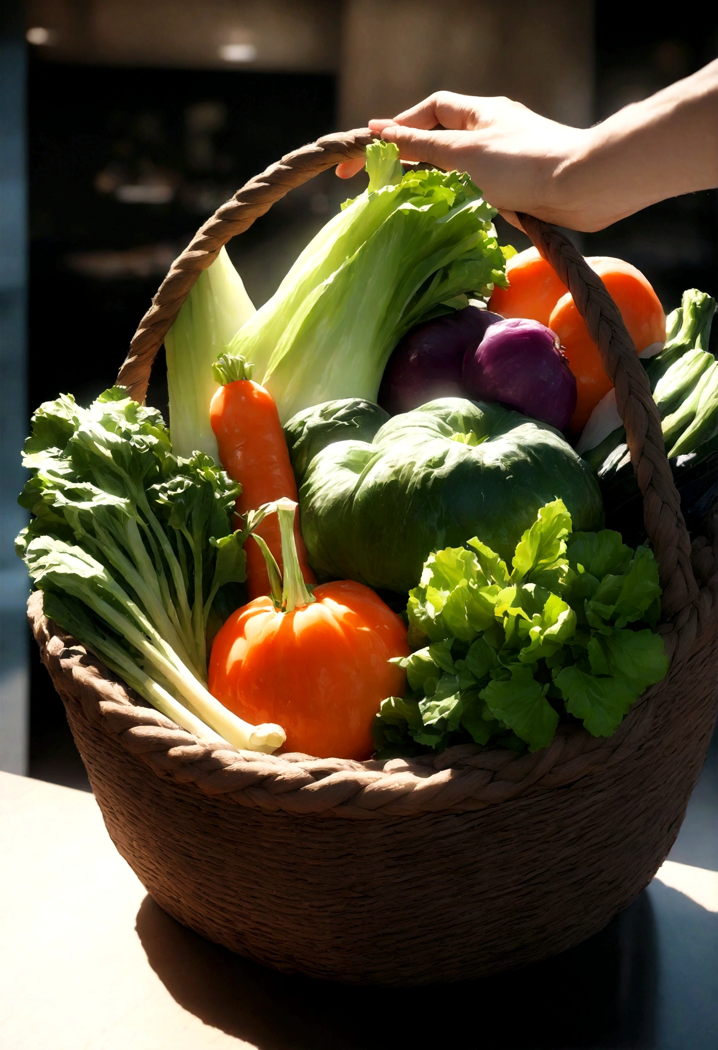 Assorted vegetables in a basket, masterpiece,top-quality,professional photograpy,detail portrayal,8K,the background is white