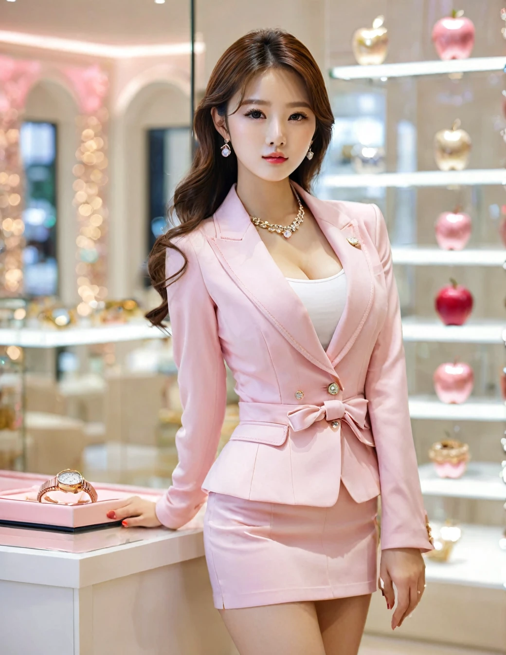 Full body of beautiful korean female, 34 inch breasts size, Height 172 cm, wearing pink suit, apple wacth ,and short skirt, in luxury jewelry shop, bokeh background, UHD
