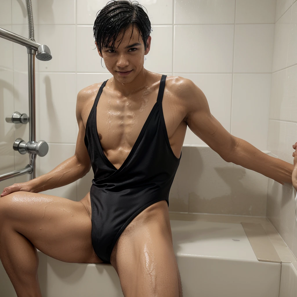 Wet Japanese slim boy in black adidas onepiece swimsuit, solo, smile, Boy with wet short black hair, very smooth and white skin, the boy has a seductive look, looking_at_viewer, water, indoors, garments: adidas High-cut one piece racer back swimsuit thong, shower, slim boy with slim waist, small abs, the boy is sitting on the shower wearing black adidas one piece swimsuit thong in split, open legs, 