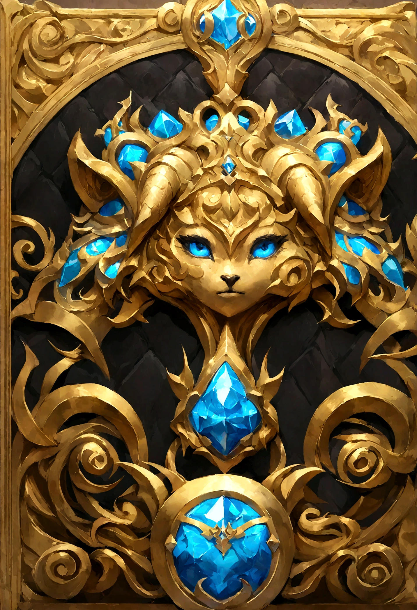Gemstone Design,Conception de bijoux,a jewelry creation,Medallion with metal sheep's head close-up,Diadem crown,style artistique de Hearthstone, Art de style Hearthstone, art conceptuel de Hearthstone, Riot game concept art, league of legends style, splash art de personnage emblématique, Couronne de League of Legends,Insigne de jeu,Plumes métalliques environnantes,Or rouge,rendu c4d,Less detail,Less detail,Huge metal sheep head in the middle,encrusted gemstones