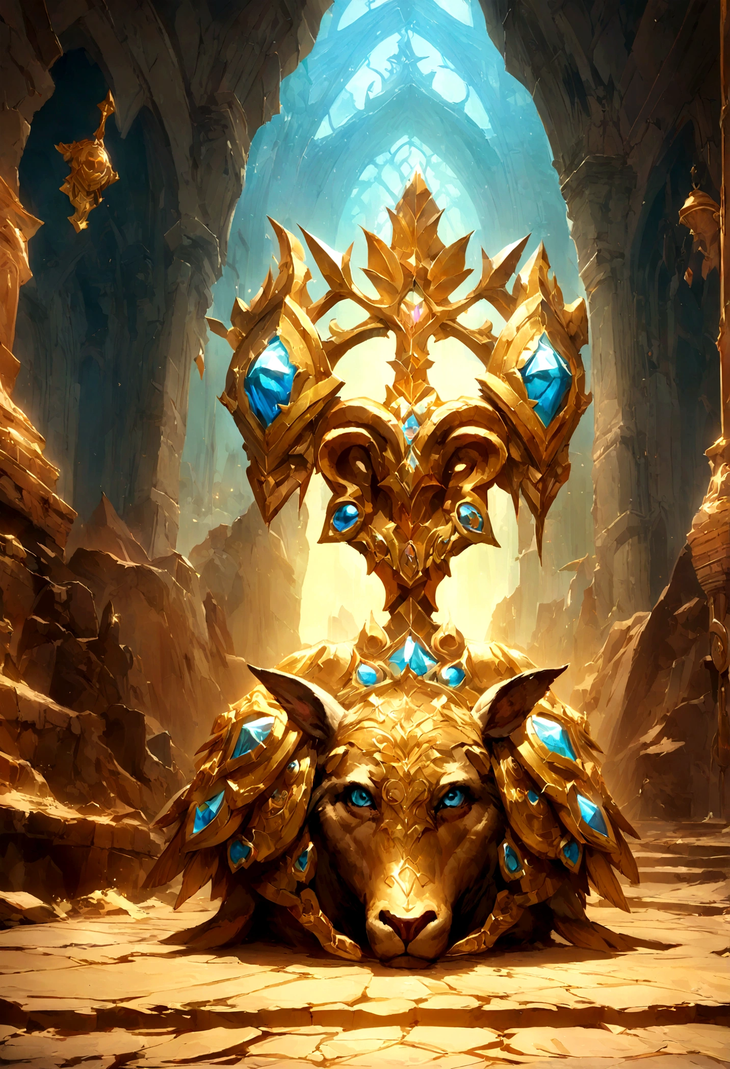 Gemstone Design,Conception de bijoux,a jewelry creation,Medallion with metal sheep's head close-up,Diadem crown,style artistique de Hearthstone, Art de style Hearthstone, art conceptuel de Hearthstone, Riot game concept art, league of legends style, splash art de personnage emblématique, Couronne de League of Legends,Insigne de jeu,Plumes métalliques environnantes,Or rouge,rendu c4d,Less detail,Less detail,Huge metal sheep head in the middle,encrusted gemstones
