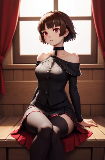 makotonijima, makoto nijima, blunt bangs, braid, brown hair, crown braid, (red eyes:1.3), short hair, BREAK (black choker, off shoulder, shiny red dress, single thighhigh, black pantyhose, white high-heels:1.2) BREAK looking at viewer, standing, arms to the side, BREAK indoors, ballroom, BREAK (masterpiece:1.2), best quality, high resolution, (extremely detailed CG unity 8k wallpaper), (masterpiece), (best quality), (ultra-detailed), (best illustration), (best shadow), (absurdres), (perfect hands, perfect anatomy),