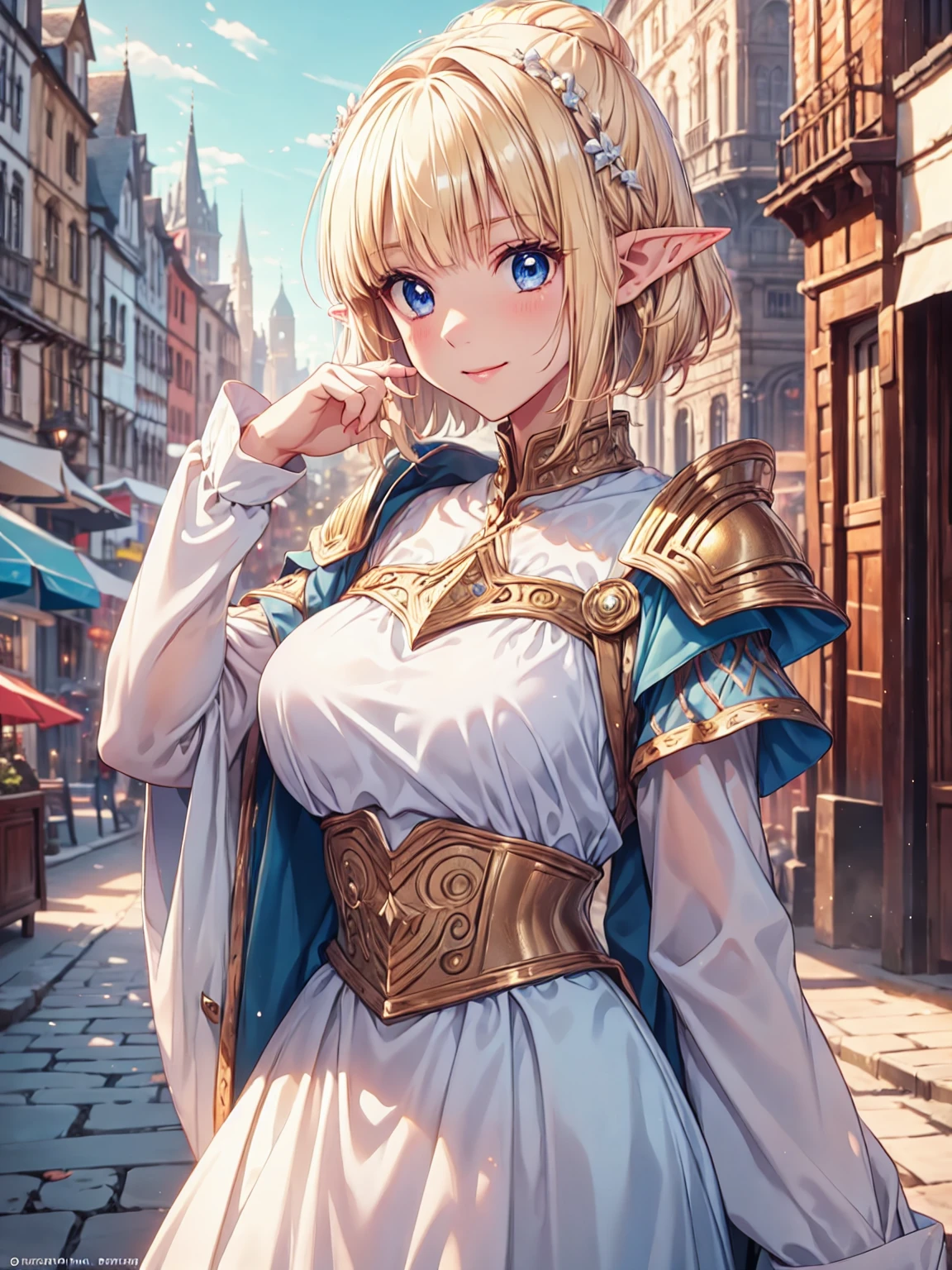 Very close、((Focus on the upper body))、16k、masterpiece、High resolution、High resolution、((****ung elven female))、((Beautiful white skin))、((Beautiful blonde))、Bun Head、short hair、((Beautiful Blue Eyes))、((Pointy Ears))、Smiling Kindly、smile、blush、Pink Lip Gloss、Shiny skin、((Put on your armor))、((Medieval European streets))、Courting me、((Put your hand on your cheek))