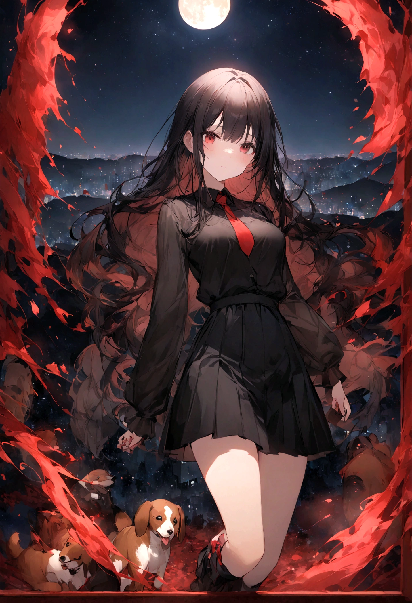 Dog 1、Woman 1、Red miniature dachshund、Red miniature dachshund long hair、dog'color is red、woman with very long black hair、Spectacular views、Night Scene、The view from the top of the hill、Full moon night sky、swirling starry sky、8K、Best Quality、詳しいdogの顔、The woman is facing the opposite direction、Ria、I can't see a woman's face、The whole body is in the photo、Like the night view of Tokyo、The woman is wearing a miniskirt and her underwear is visible.