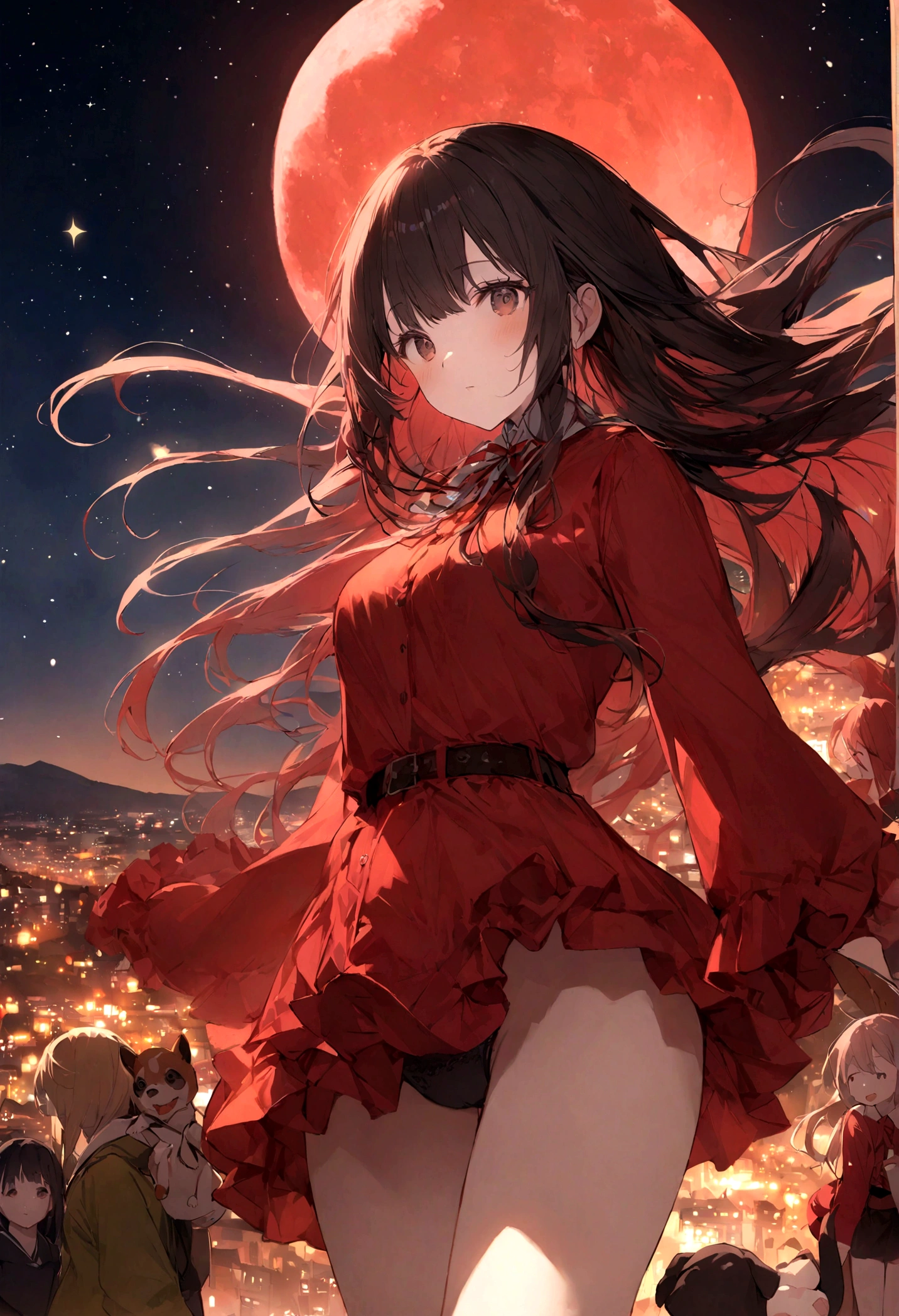 Dog 1、Woman 1、Red miniature dachshund、Red miniature dachshund long hair、dog'color is red、woman with very long black hair、Spectacular views、Night Scene、The view from the top of the hill、Full moon night sky、swirling starry sky、8K、Best Quality、詳しいdogの顔、The woman is facing the opposite direction、Ria、I can't see a woman's face、The whole body is in the photo、Like the night view of Tokyo、The woman is wearing a miniskirt and her underwear is visible.