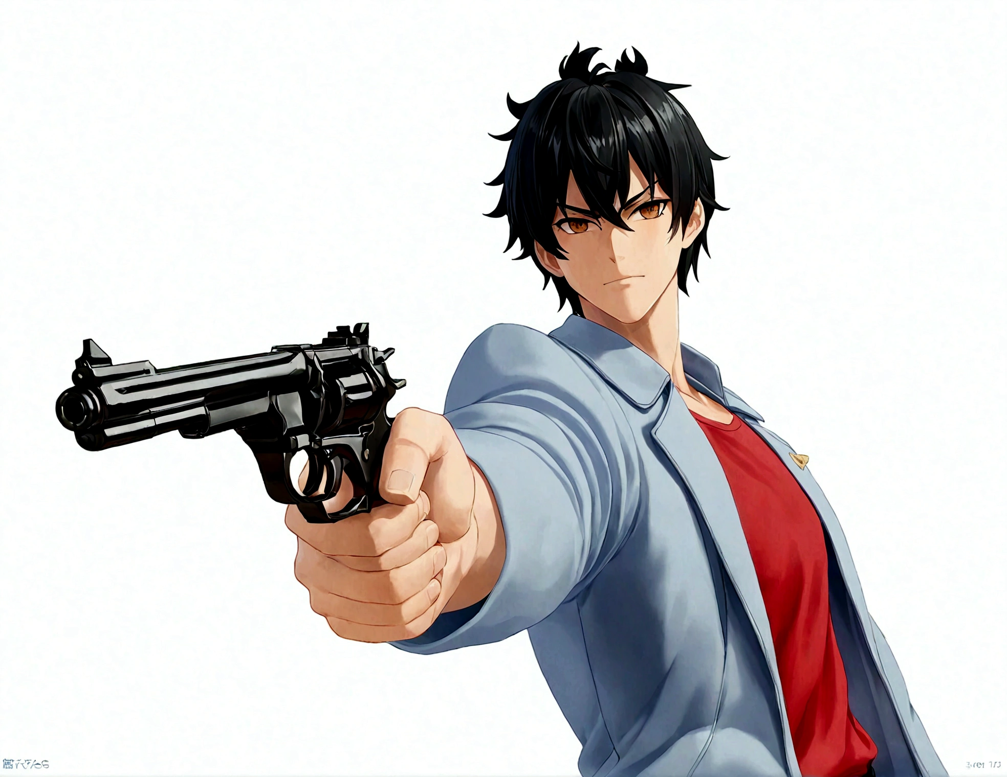 1boy,拿着gun,Blue coat,Red lining,Black Hainger on the trigger,gun,手gun,持gun,arms,Male focus,,solo