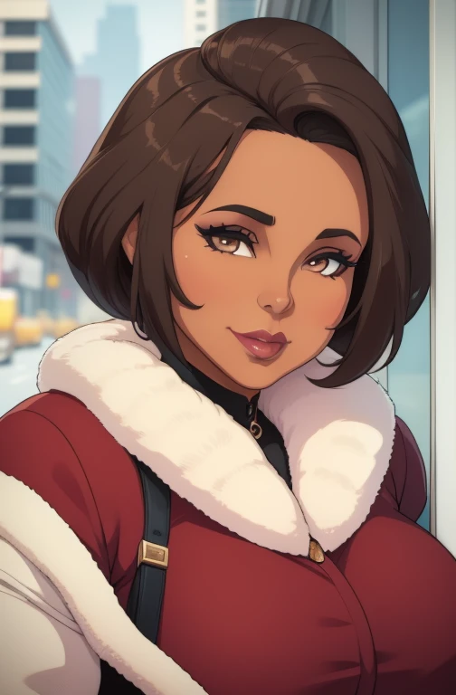 (a mature woman:1.2)| (a girl:1.1), chubby, brown skin, makeup, super detailed, modern style, city, direct look, contoured.