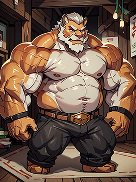 A burly, virile, and hairy dragon, exuding the irresistible charm of a himbo muscle daddy. His middle-aged features, adorned by a long, bushy beard and a thick mustache, reveal a life of experience and adventure. His body, sculpted  into a warrior's build and a bodybuilder's physique, is a testament to his unyielding dedication to physical fitness. The hair on his chest and belly forms a carpet of thick fur, while his hairy arms and legs are adorned with a natural, untamed layer of hirsute. Every muscle on his overmuscular and musclebound frame is defined and bulging, veins pulsing beneath the surface, hinting at his incredible strength. Despite his advanced age, his grey hair only adds to his handsome and dreamy appearance.