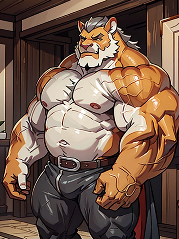 A burly, virile, and hairy dragon, exuding the irresistible charm of a himbo muscle daddy. His middle-aged features, adorned by a long, bushy beard and a thick mustache, reveal a life of experience and adventure. His body, sculpted into a warrior's build and a bodybuilder's physique, is a testament to his unyielding dedication to physical fitness. The hair on his chest and belly forms a carpet of thick fur, while his hairy arms and legs are adorned with a natural, untamed layer of hirsute. Every muscle on his overmuscular and musclebound frame is defined and bulging, veins pulsing beneath the surface, hinting at his incredible strength. Despite his advanced age, his grey hair only adds to his handsome and dreamy appearance.