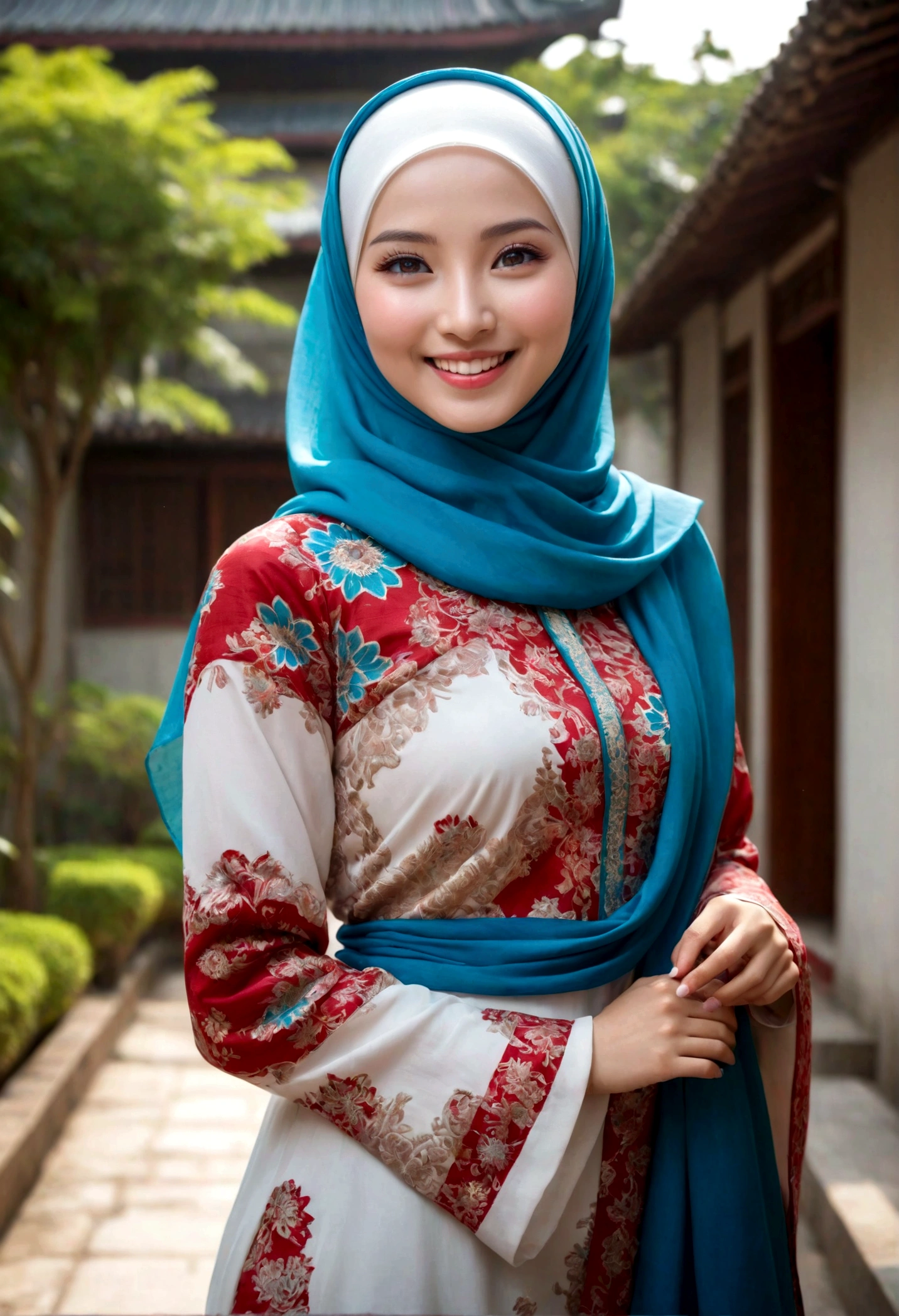 (hyperrealistic), (beautifull Asian girl), (high resolution), (8K), (extremely detailed), (best illustration), (beautiful detailed eyes), (best quality), (ultra-detailed), (masterpiece), (white skin), (photorealistic), (white skin light), (detailed realistic beautiful face), (high detailed realistic skin texture), ((standing full body)), (wearing hijab muslim fullcolor), (heterochromic eyes), (detailed eyes), (beautiful eyes:1.37), (sparkling eyes), (white skin glow), (smiling happy), (happynes expression), (posing as a model), full body,a beautiful Taiwanese girl, white skin and glow, wearing a blue hijab muslim with flower motif, wearing a red batik dress, with a kebaya cloth blowing in the wind, full of enthusiasm while laughing looking at the camera, the cloth is blown by the wind and looks fluttering, standing full body, wearing long dress batik fullcolor and white shoes, very beauty and sexy girl, the background is modern home and luxuary atmosphere, in the morning bright, beautiful image 46k