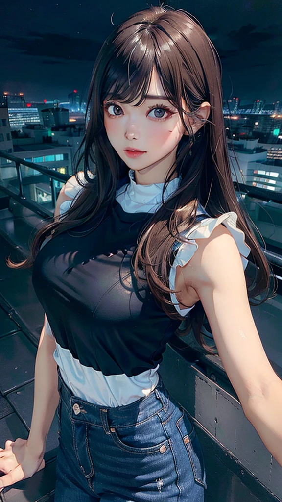 ((Midnight, Best quality, 8k, Masterpiece :1.3)), Whole body, Long legs, Sharp focus :1.2, A pretty woman with perfect figure :1.4, Slender abs :1.1, ((Dark brown hair, Big breasts :1.2)), (White tight tshirt, Jean bib, Standing:1.2), ((Night city view, Rooftop:1.3)), Highly detailed face and skin texture, Detailed eyes, Double eyelid