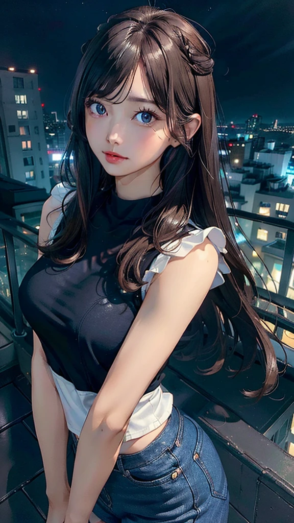 ((Midnight, Best quality, 8k, Masterpiece :1.3)), Whole body, Long legs, Sharp focus :1.2, A pretty woman with perfect figure :1.4, Slender abs :1.1, ((Dark brown hair, Big breasts :1.2)), (White tight tshirt, Jean bib, Standing:1.2), ((Night city view, Rooftop:1.3)), Highly detailed face and skin texture, Detailed eyes, Double eyelid