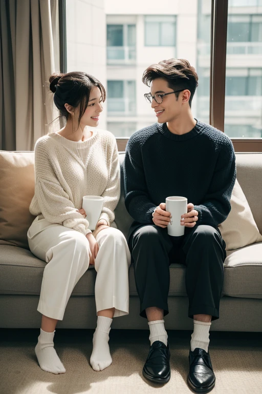 (highest quality, 8k, masterpiece: 1.3), It features an attractive woman with healthy, sexy, tanned skin and a man with a great, toned body.。The two of them are wearing white knitwear and drinking coffee.。She was wearing short pants and fluffy socks.、The man is wearing long trousers。Beautiful and perfect face。They are sitting on the sofa and talking amicably.giddy smile.