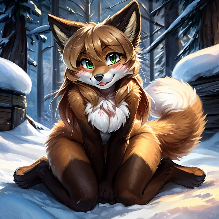 averi, fox girl, flat chest, chest fluff, day, anthro fox girl, body fur, curvy, sexy, nice, cute, hot, sensual, detailed, uploaded to e621, beautiful and detailed portrait of an anthropomorphic vixen ((female))) kenket, Ross Tran, ruan jia, zaush, foxovh, film lighting, forest, snow, speech bubble, heart, hearts, on knees, touching hair, leaning with arm