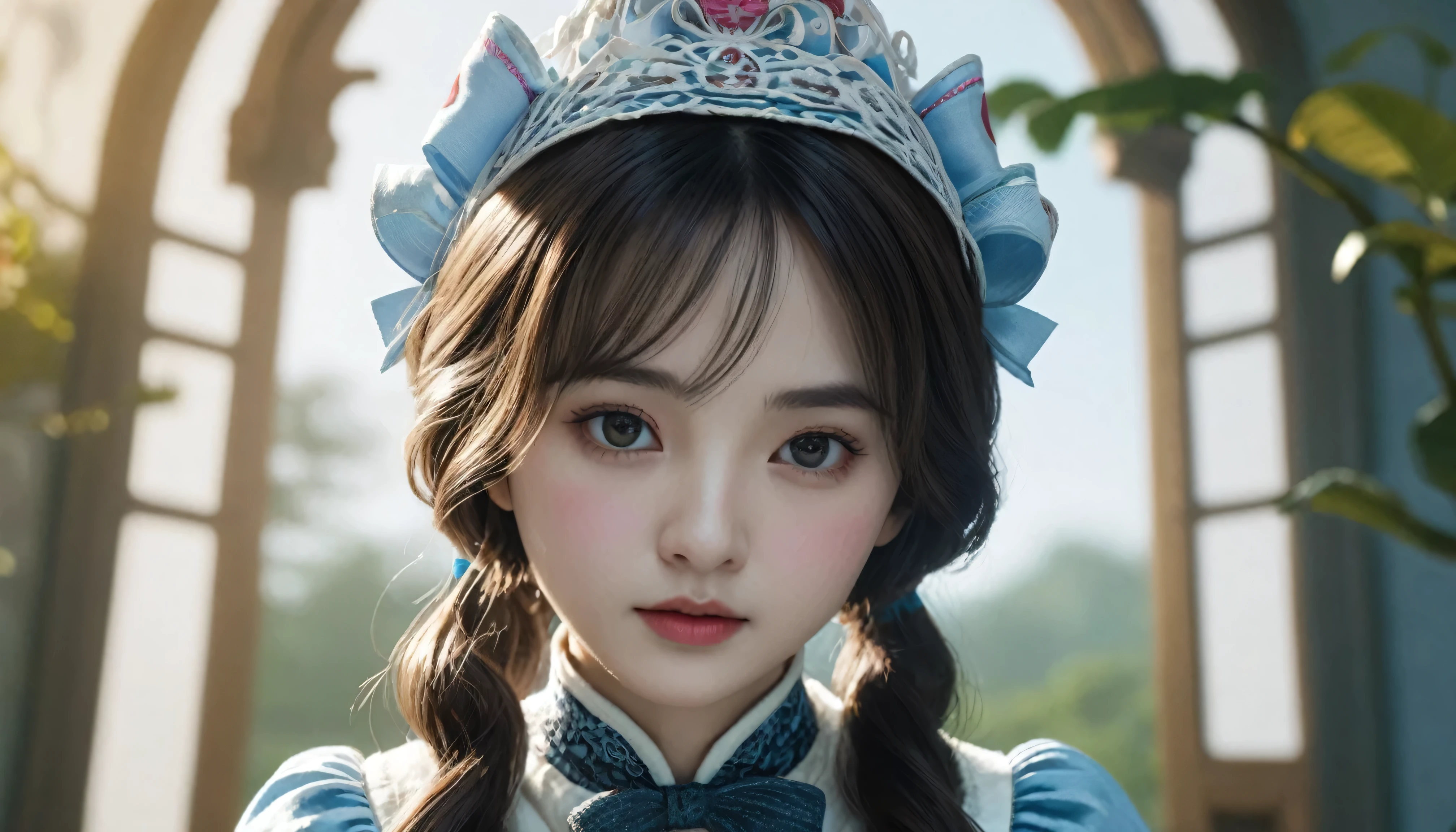 One girl, masterpiece, highest quality, 8k, Detailed skin texture, Detailed cloth texture, Beautifully detailed face, Intricate details, Super detailed, Alice in Wonderland, (A ribbon on her head:1.1), Upper Body