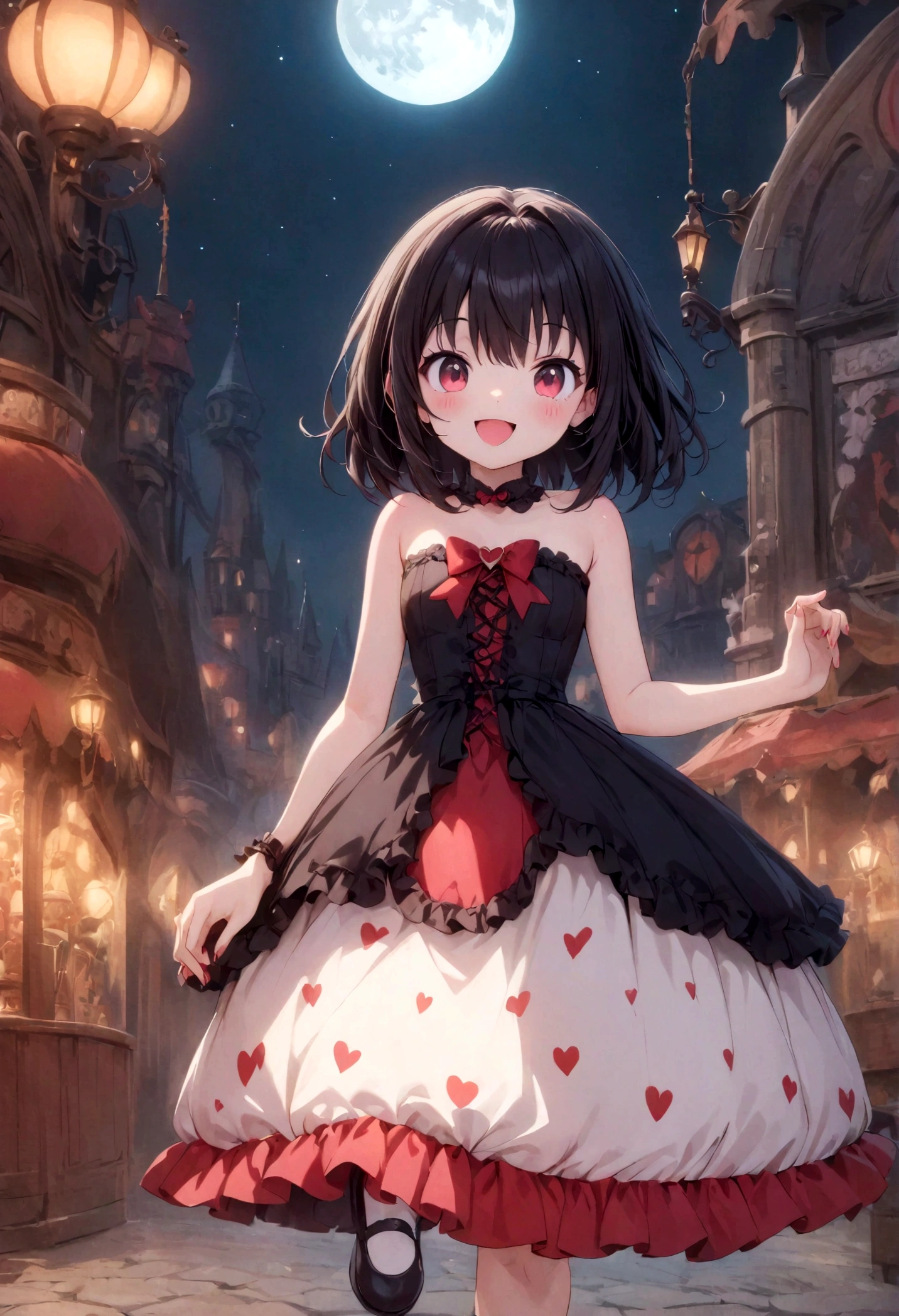 a cute vampire girl smiling, (strapless_dress), (round toe) mary_janes, haunted amusement park at night, moon at background