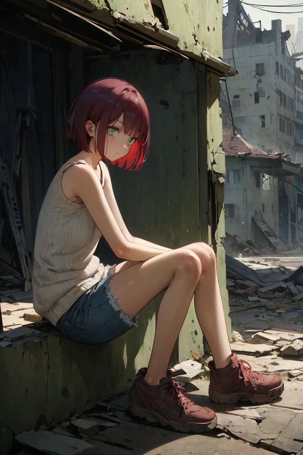a girl ,(burgundy short hair),bob cut, sweater,tank top,denim shorts,shoes,(lime green eyes), droopy eyes,slender body, Abandoned city, broken roof, broken windows, dusty floors, eerie atmosphere,outside,Cupping the ear,,looking side,sitting on the window,full body,expressionless,chestnut mouth