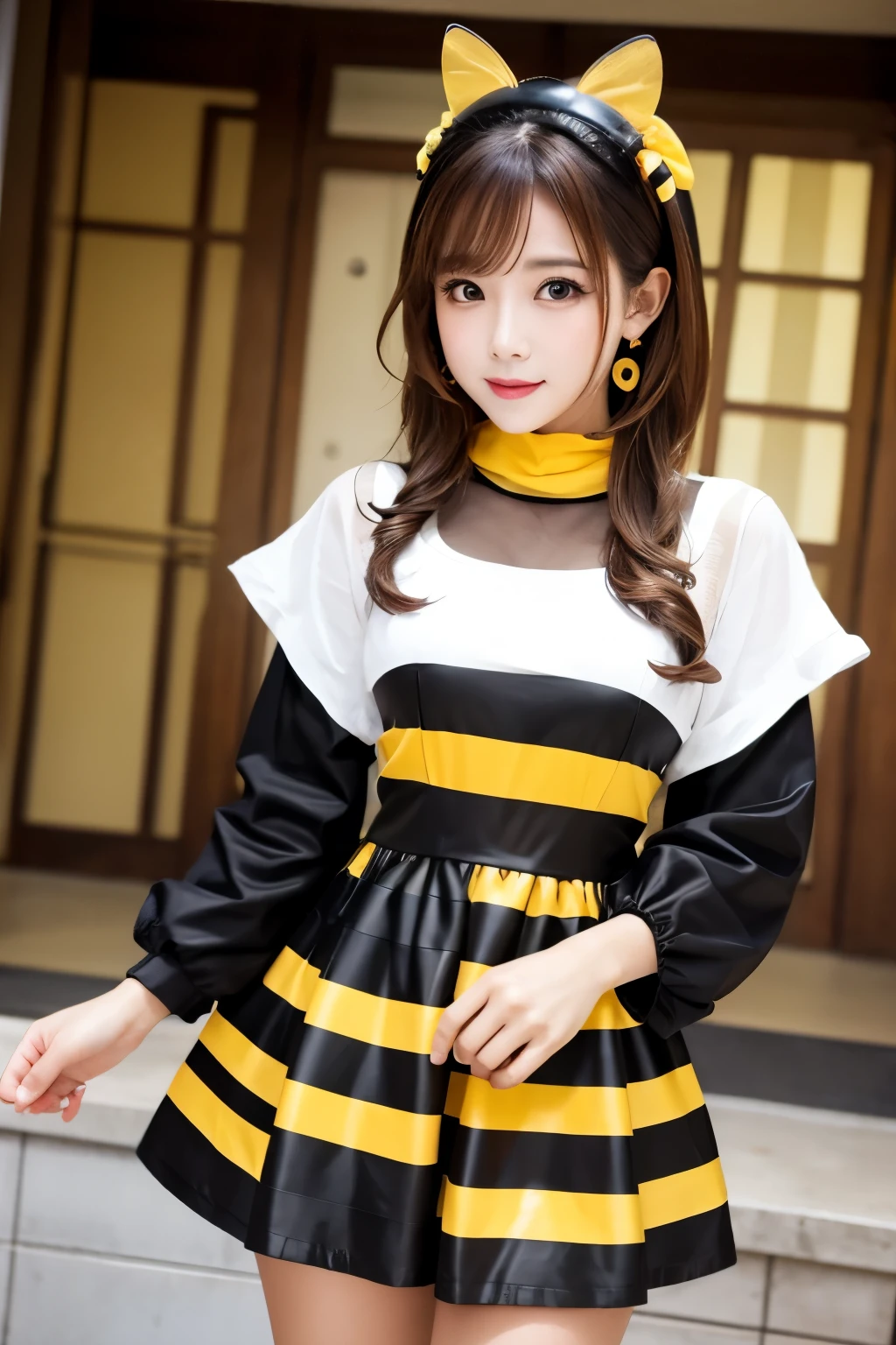A beautiful woman dressed as a bee、It looks like it's thick with honey.、Hair is black、