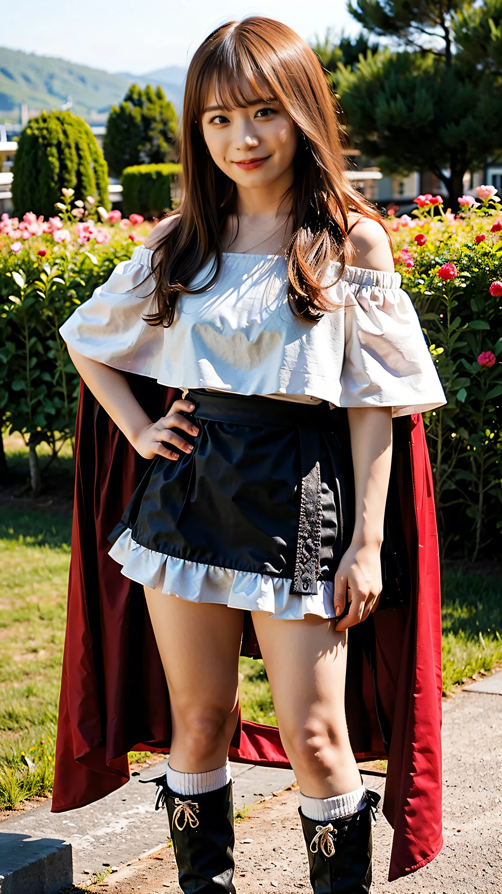 (8k、RAW Photos、highest quality、masterpiece:1.2)、(Realistic、Realistic)、1 girl、((mini skirt、Big Breasts、Pink and black、Cape、Frills、Off the shoulder、See through、boots、Arm Covers、ribbon、smile、garden、View from the front、smile、Standing with hands on hips))、