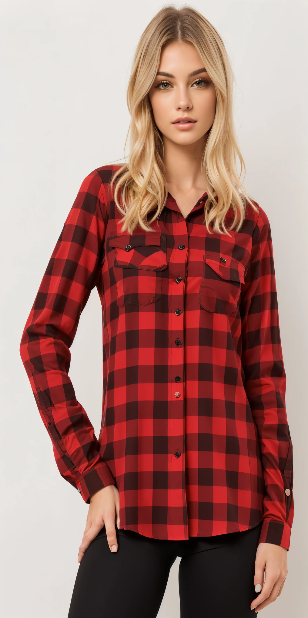 a woman wearing a vermelho e preto plaid camisa and black leggings, flanela, wearing a red lenhador camisa, wearing plaid camisa, plaid camisa, wearing a flanela camisa, wearing a plaid camisa, lenhador flanela, usando um vestido xadrez vermelho, red camisa, wearing in camisa, fotografia de roupas, camisa, roupas ocidentais, lenhador, button - up camisa, vermelho e preto