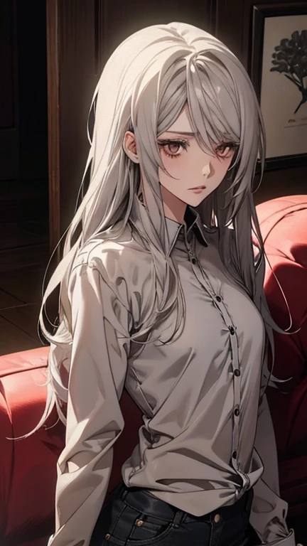 (Highest quality, High resolution, Very detailed), 1 female, Silver Hair, Long Hair, Reddish brown eyes, micro mini dress, Nude, pussy, vaginale, ((pussy juice)), secretary, 24th generation, Beautiful woman, mature, quiet, Calm, Large Breasts, A small smile, sofa, sitting, spread legs,