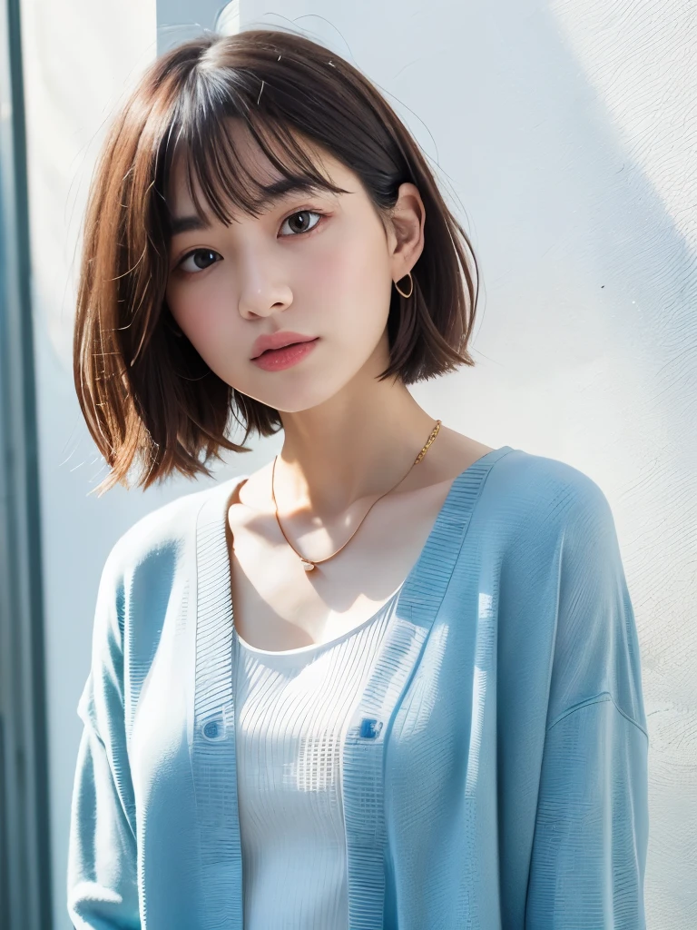 ((highest quality, 8k, masterpiece :1.3)), 1 girl, (Medium Short Hair :1.2), cardigan :1.1, super Detailed face, Fine Eyes,(Highly realistic photos, High resolution, Detailed face, Fine Eyes), Photographed in front of a white wall、Japanese women, 22 years old, A variety of expressions, alone:1, Slim figure, Various Hair Styles, Casual clothing, one in the photo、Long sleeve dress、Photographed in natural light、Simple Necklace、Spring Clothes、Don't look at the camera、profile、Dark brown hair color