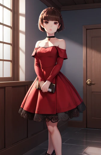 makotonijima, makoto nijima, blunt bangs, braid, brown hair, crown braid, (red eyes:1.3), short hair, BREAK (black choker, off shoulder, shiny red dress, white high-heels:1.2) BREAK looking at viewer, standing, arms to the side, BREAK indoors, ballroom, BREAK (masterpiece:1.2), best quality, high resolution, (extremely detailed CG unity 8k wallpaper), (masterpiece), (best quality), (ultra-detailed), (best illustration), (best shadow), (absurdres), (perfect hands, perfect anatomy),