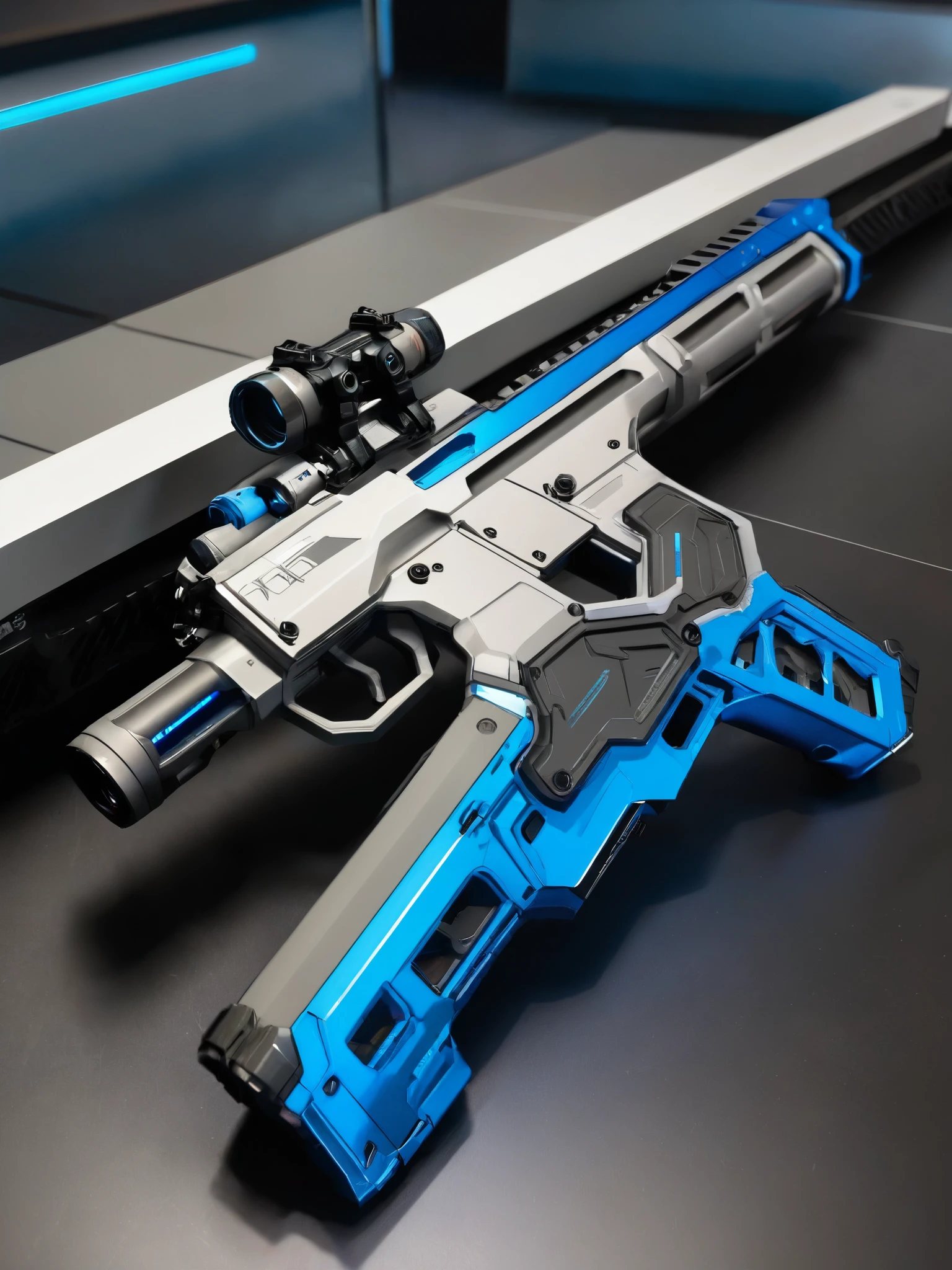 (High-end gaming equipment with a sci-fi feel：1.5),(A silver-gray charge rifle:1.3),Cyberpunk,future technology,(Reflective metal material),[Blue particles｜Flowing Arc]Rifle Magazine,(Black and gray charge rifle grip:1.2),((This weapon is in a display case.:1.35)),