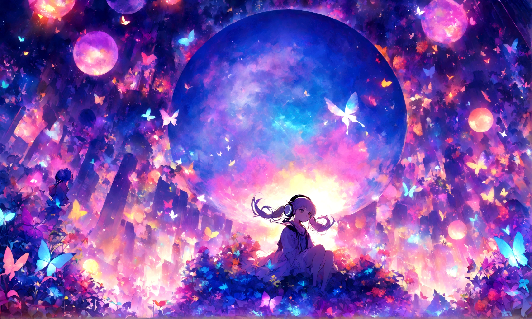 A young individual sits under a glowing, oversized moon in a neon-lit cityscape, headphones on, immersed in lofiHIPHOP. Surrounding them, magical, vibrant flowers and butterflies abound, with musical notes floating through the air in a whimsical dance.Gazing into the distance、pigtails