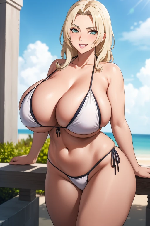 Senju Tsunade, ((Bimbo))), Pelo largo y rubio, linda cara de sonrisa, labios hinchados, labios pintados, labios gruesos, Caderas anchas, muslos gruesos, culo enorme, La cara del anhelo del deseo. , Enormes enormes pechos naturales, escote, madre madura, En el granero, bikini de vaca, Foto desde arriba