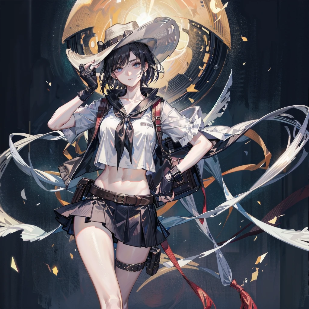 full body shot, cowgirl costume, vest, cowboy hat, fingerless gloves, midriff, neckerchief, short skirt, holster, absurdres, RAW photo, extremely delicate, extremely beautiful, masterpiece, Best Quality, ultra high resolution, 32k, hyperrealistic, ultra-detailed description, perfect anatomy, correct body, ideal ratio of body proportions, pale skin, 20 years old, detailed beautiful face, detailed beautiful face eyes, tearful mole, earring, short medium hair, black hair, Colossal tits,