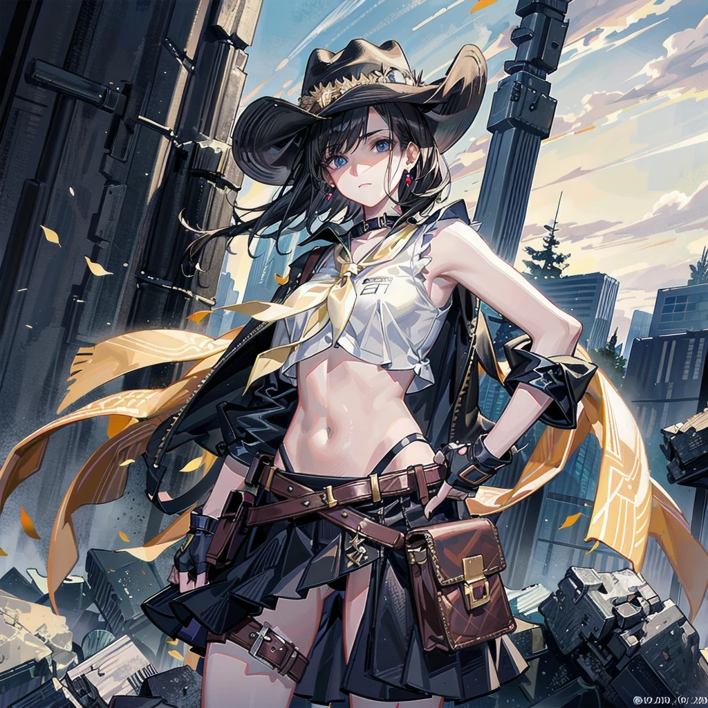 full body shot, cowgirl costume, vest, cowboy hat, fingerless gloves, midriff, neckerchief, short skirt, holster, absurdres, RAW photo, extremely delicate, extremely beautiful, masterpiece, Best Quality, ultra high resolution, 32k, hyperrealistic, ultra-detailed description, perfect anatomy, correct body, ideal ratio of body proportions, pale skin, 20 years old, detailed beautiful face, detailed beautiful face eyes, tearful mole, earring, short medium hair, black hair, Colossal tits, 
