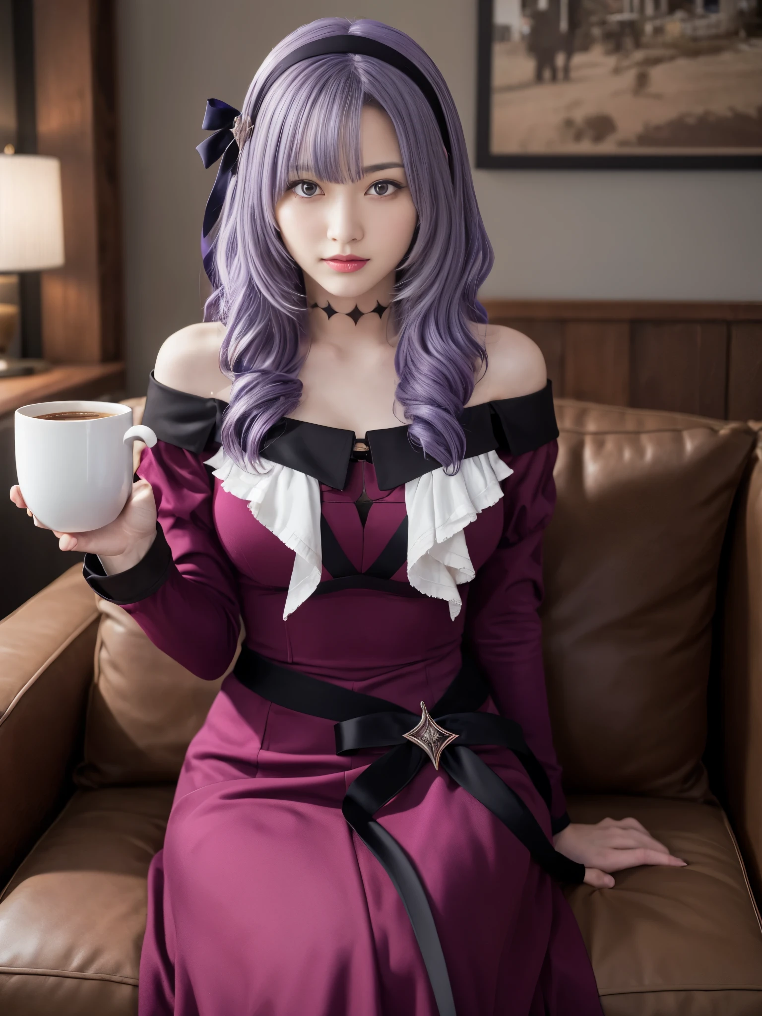 surreal 1:37, masterpiece, highest quality, High resolution, Humsalome, Drill Hair, Parted bangs, Black hair band, ribbon, Purple eyes, , Bright purple hair, Big Breasts, Red dress, Long sleeve, Exposing shoulders, bare hands, Cowboy Shot, Sitting, sofa, Holding a cup, coffee, テーブル Purple eyes