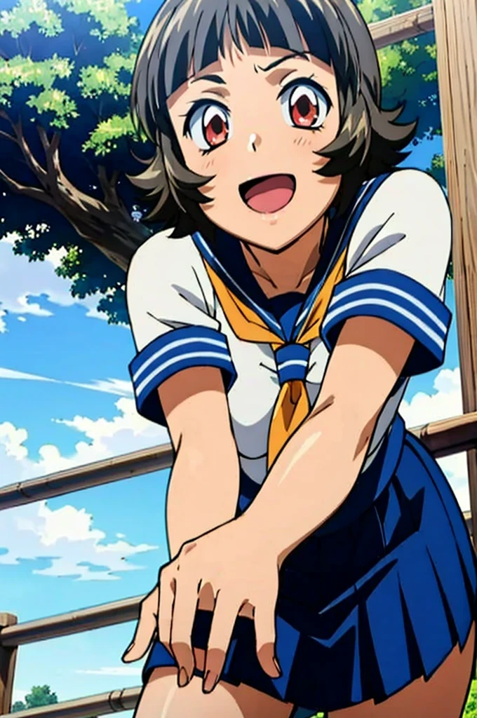 (masterpiece:1.3),(highest quality:1.4),(Super detailed:1.5),8K,High resolution,an extremely delicate and beautiful,Official Art,Perfect Anatomy,(anime_screencap:1.11),(90s Anime,90s Anime style,Cel-shaded anime:1.17),
anime coloring,detailed face and eyes, (solo:1.5),(anmnr:1.1),((ekitokuwz:1.52)),(school uniform:1.3),serafuku,short brown hair,  pleated skirt, blue skirt, brown eyes, yellow neckerchief, short sleeves, japanese architecture, 
Outdoor, sunny, Jumping, :d