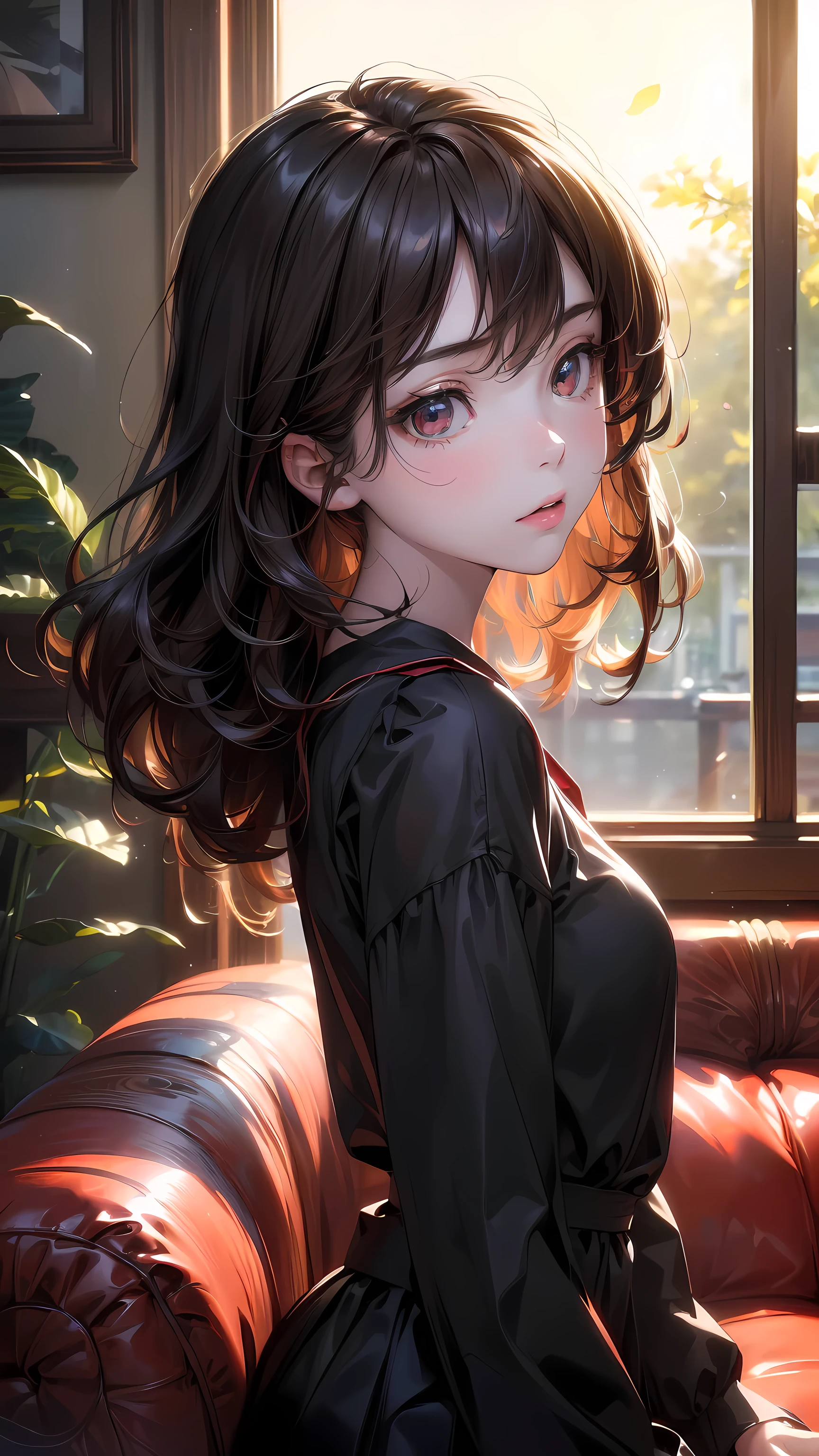 bloom, Lens Reflection, (8K, Raw, professional, best quality, masterpiece: 1.2), (Practical, photoPractical: 1.37), Extremely detailed, (25mm Wide Angle Portrait), (The most delicate skin: 1.2), very detailed face, movie lighting, 1 Girl, curly dark hair, (windy), Stand on the couch, dark light, Looking at the camera, Large Breasts, Black and red shirt
