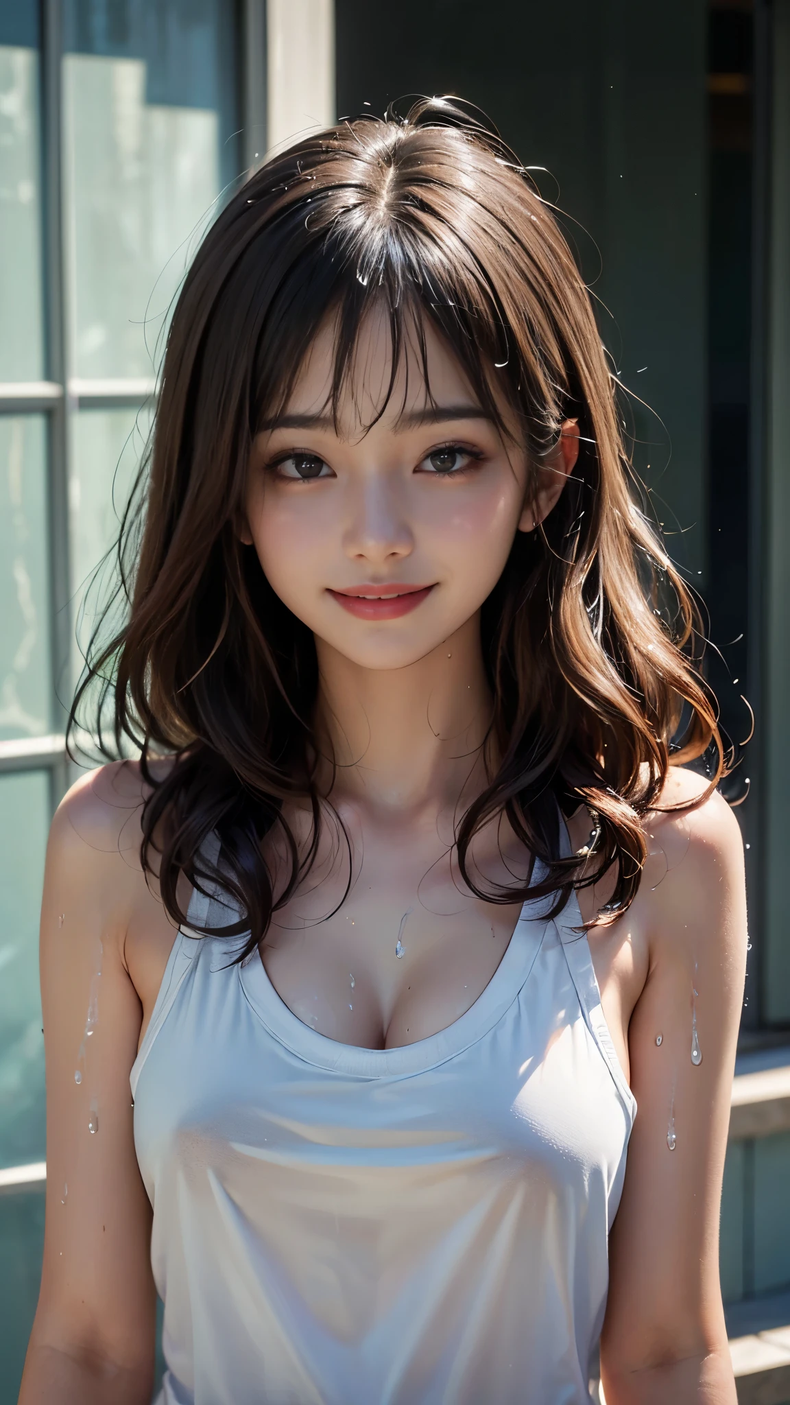 ((highest quality、Masterpiece、High resolution))、(((Zoom photo of upper body、A shy smile)))、(Wet body:1.2、Wet Hair)、1 female, 15 years old、Sportswear、Cleavage、Trimmed bangs、Wavy Hair、room