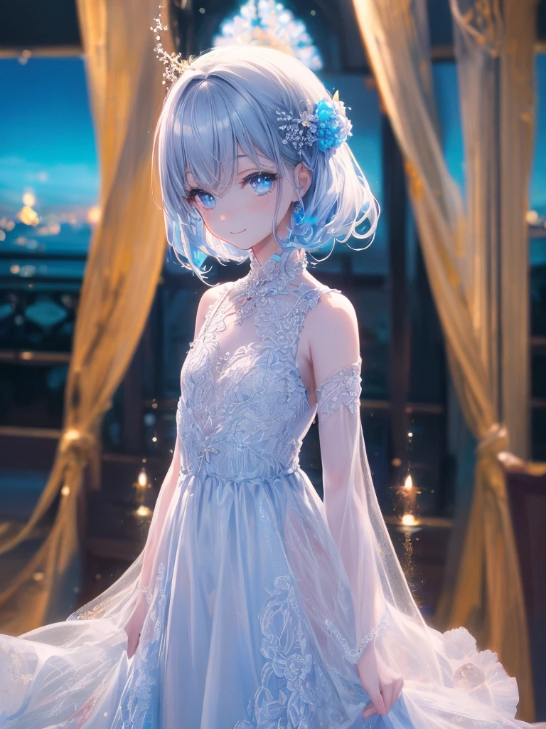 art by Cornflower,(master piece),(4k),high quality,(perfect anatomy),flat chest,1girl,long blue hair,pale skin,beautiful smile,beautiful detailed blue eyes,light blue dress,multilayered outfit, (Highly detailed elegant), Magical colors and atmosphere, Detailed skin,The background is soft and blurry,Add a dramatic and symbolic element to your scene, Bokeh, Silky to the touch, Hyper Detail,in white beach,blue sky,soft pastel tones,cinematic lighting,cowboy shot