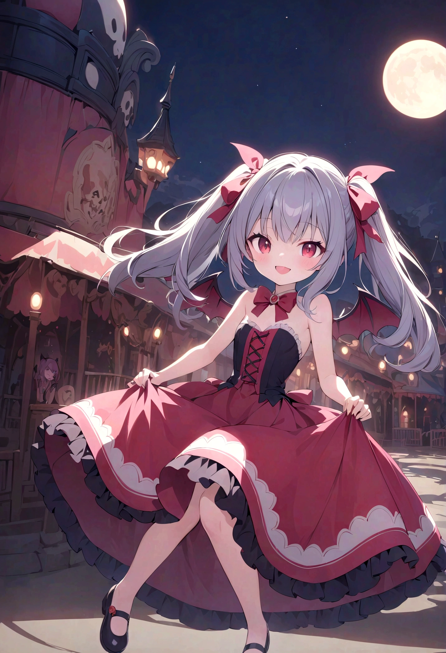 a cute vampire girl smiling, (strapless_dress), (round toe) mary_janes, haunted amusement park at night, moon at background