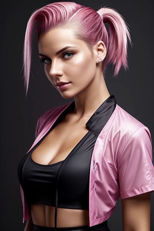 Gorgeous european woman with very short straight hair, short hair, wet hair, hair slicked back, combed straight back, slick hair, streaked pink hair, seductive, dressed alon a nurse uniform, cleavage, solid dark grey background