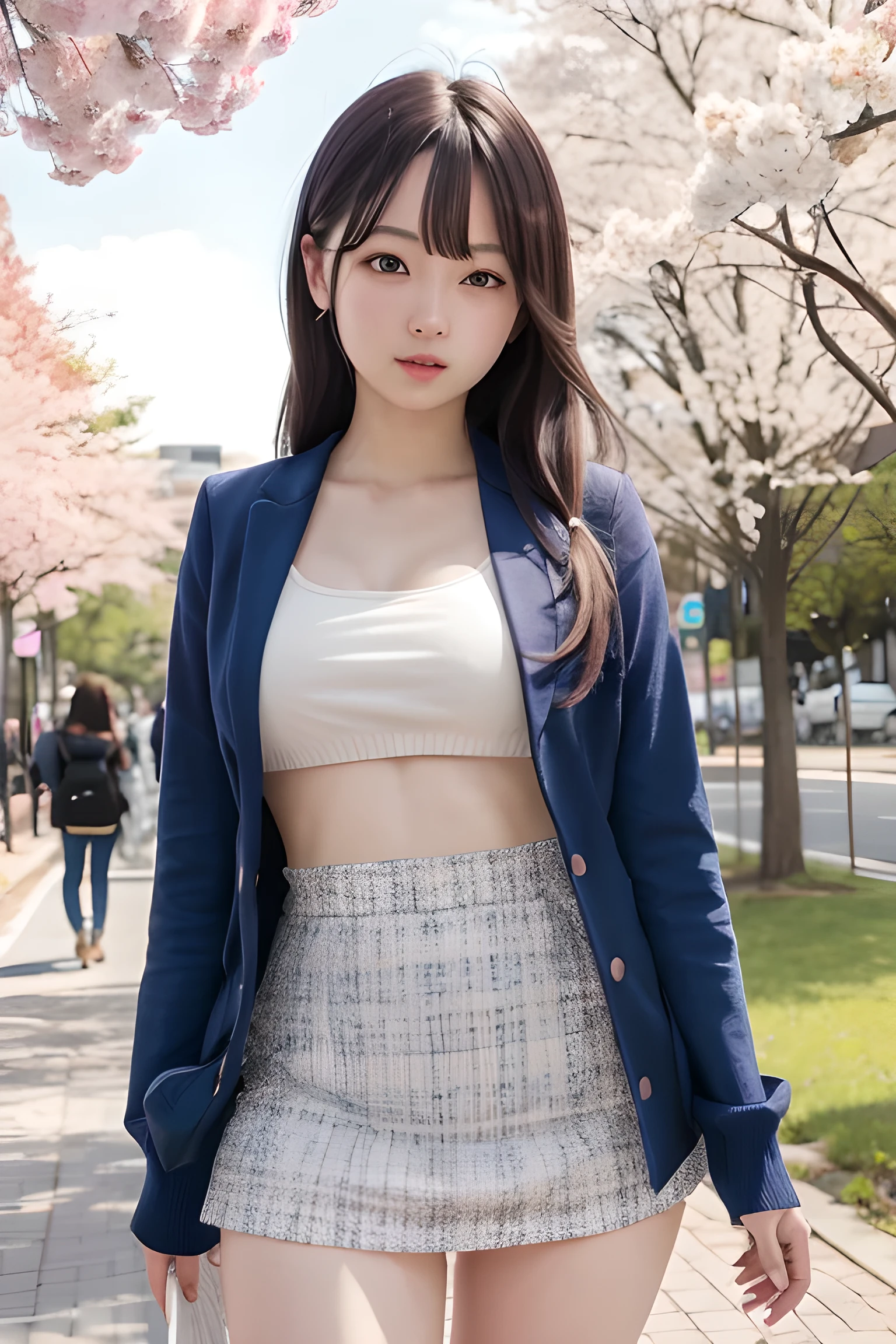 masterpiece, highest quality, High resolution, Very detailed, Detailed Background, Cinema Lighting, One girl, cute, Medium chest, , Skirt Lift, Public indecency, View Viewer, building, Outdoor, cherry blossoms, Bokeh,