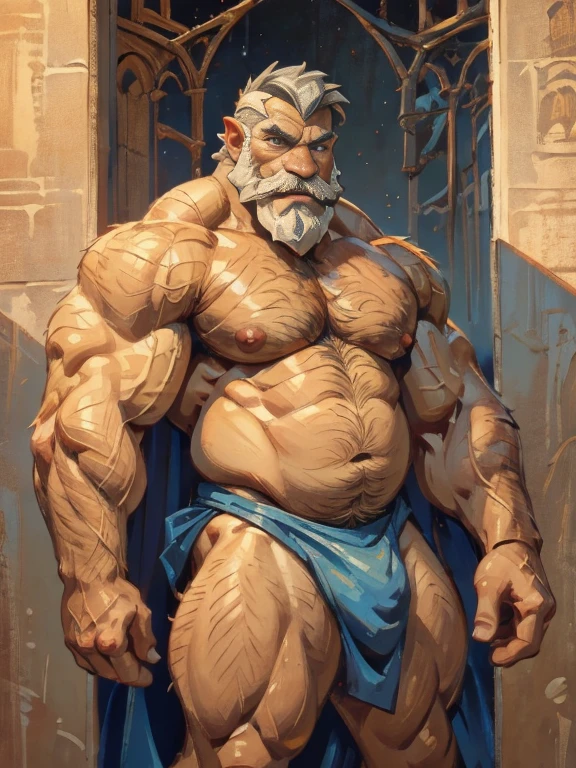 A burly, virile, and hairy dragon, exuding the irresistible charm of a himbo muscle daddy. His middle-aged features, adorned by a long, bushy beard and a thick mustache, reveal a life of experience and adventure. His body, sculpted into a warrior's build and a bodybuilder's physique, is a testament to his unyielding dedication to physical fitness. The hair on his chest and belly forms a carpet of thick fur, while his hairy arms and legs are adorned with a natural, untamed layer of hirsute. Every muscle on his overmuscular and musclebound frame is defined and bulging, veins pulsing beneath the surface, hinting at his incredible strength. Despite his advanced age, his grey hair only adds to his handsome and dreamy appearance.