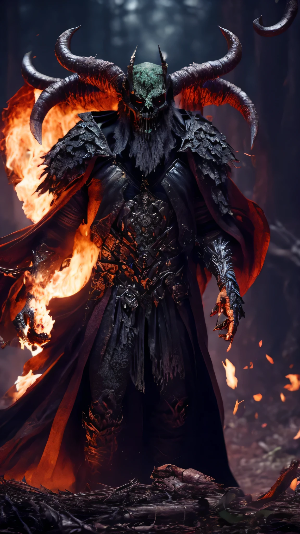 A full-body image of a monster wearing tattered, dark green robes with patches of dead leaves and mold growing on them. His skin is gray and cracked, revealing a skeletal frame underneath. He has a gnarled, ugly face with hollow eyes that ooze a putrid substance. Blight Krampus spreads decay with every touch, causing plants to wither, metals to rust, and flesh to rot, bringing about a swift end to anything he desires. 8K, masterpiece, HDR cinematic lighting octane render.