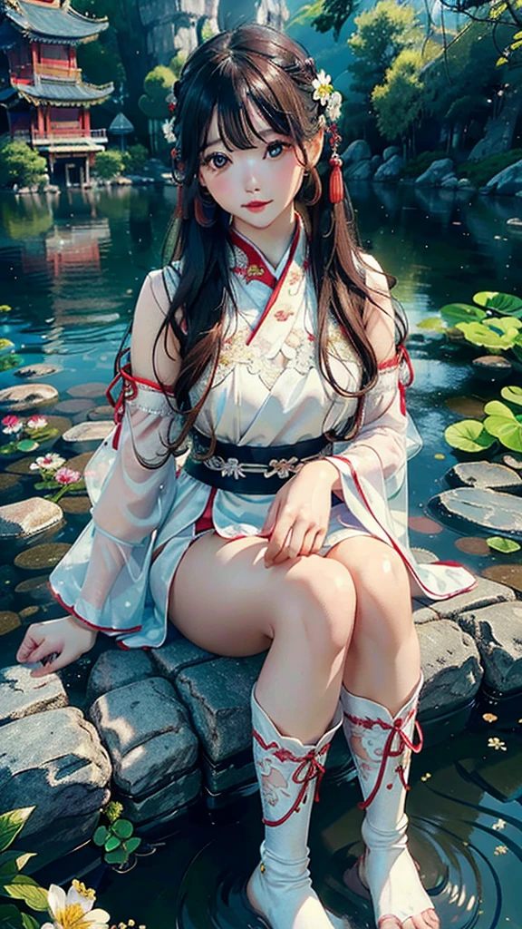 best quality, masterpiece, ultra resolution, (fidelity:1.4), Photos, It's raining, clothes drenched, 1 girl, [(sad)], long white hair, fringed hair ornaments, peony flower hair ornaments, real rain, wet hair, white hanfu, half-off shirt, bare shoulders, bandage bandeau, dim, dark, despair, pity, pity, poor, movie, tears, teardrops, (torn clothes: 1.5), (Wet Clothes: 1.4), Exposed Thighs, Seduction, Sexy, Heavy Rain, Surrealistic Female Portraits by David Hockney and Alphonse Mucha, Fantasy Art, Photo Realism, Dynamic Lighting, Art Station, Poster, Volumetric Lighting, Very Detailed Faces, 4K Wallpaper, Award-Standing, Dynamic Perspective, Ancient Chinese Streets, Early Morning, Rain, Lanterns,