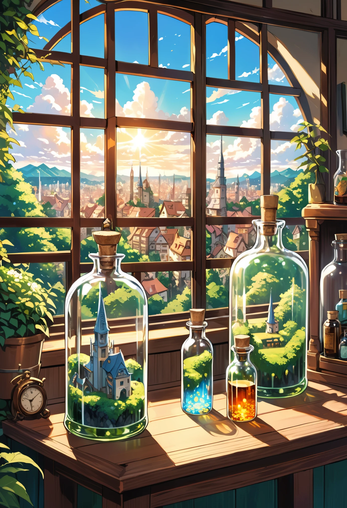 A highly detailed anime-style still art, Ghibli studio style, masterpiece, official art, professional, ((ultra-detailed)), 8k, ((Not show people)),

fantastical city contained within a glass bottle, many glass bottles, The city should feature intricate buildings with spires and towers, surrounded by lush greenery and tiny bridges. Place the glass bottle on a wooden table, with sunlight streaming through a nearby window, casting magical reflections and highlights on the bottle and the city inside