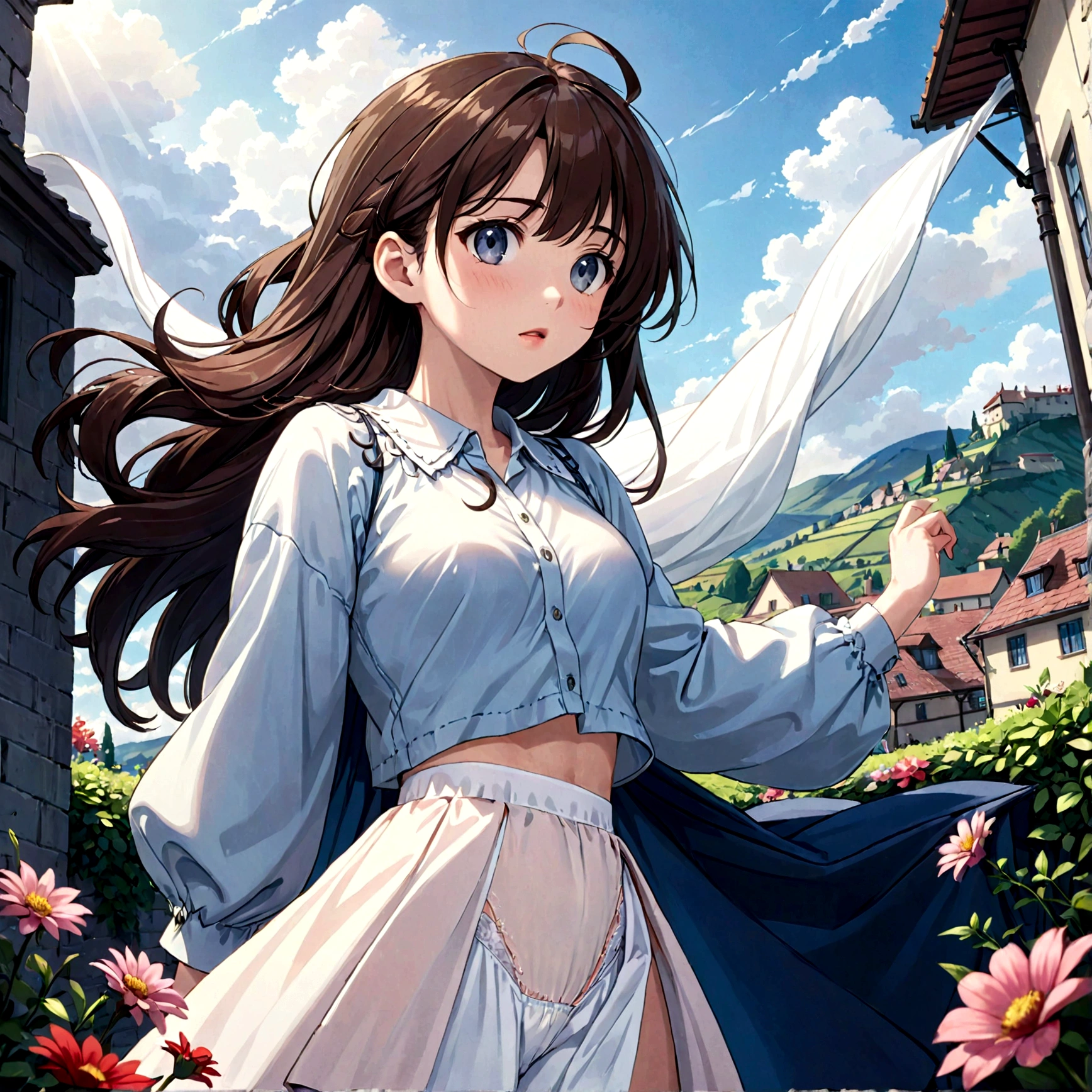 A beautiful young anime girl with long dark hair, (1girl),(detailed face,exquisite eyes,full lips:1.2),(low angle view:1.4),(long skirt,billowing in the wind,white panties peeking out:1.3),(high quality,realistic,8k,detailed),(photorealistic,masterpiece:1.4),(detailed rendering,studio lighting,dynamic pose:1.2),(soft colors,pastel palette:1.1)