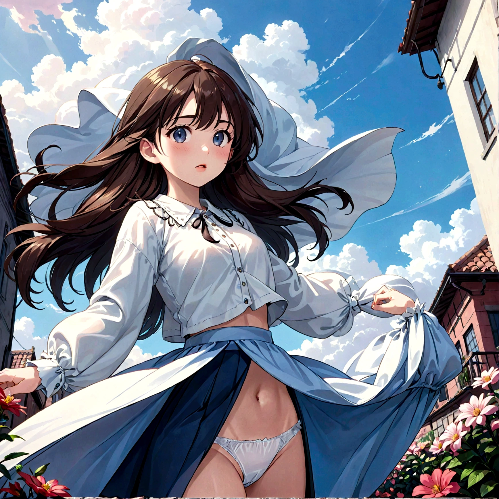 A beautiful young anime girl with long dark hair, (1girl),(detailed face,exquisite eyes,full lips:1.2),(low angle view:1.4),(long skirt,billowing in the wind,white panties peeking out:1.3),(high quality,realistic,8k,detailed),(photorealistic,masterpiece:1.4),(detailed rendering,studio lighting,dynamic pose:1.2),(soft colors,pastel palette:1.1)