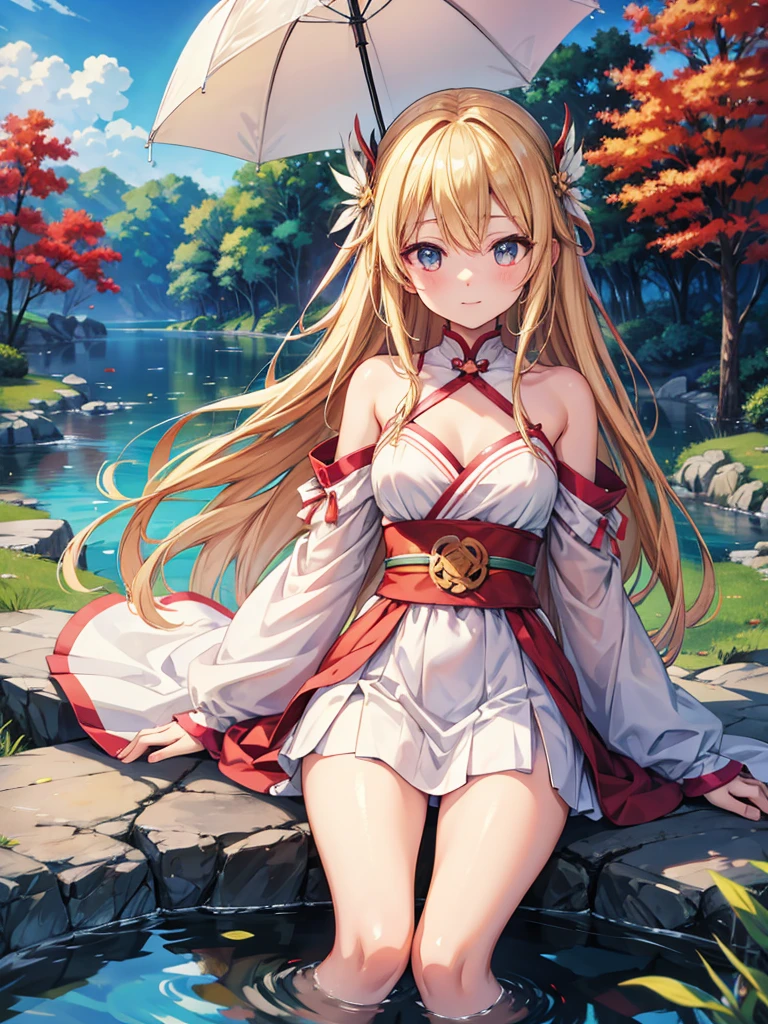 1 girl(masterpiece,top quality,best quality,official art,Beauty and aesthetics:1.2),silky smooth blonde hair,green eyes,long hair,flower in hair, tall figure,enchanted,enchanting,Flushed complexion, playful expression, super gigantic breasts,Breasts larger than the head,detailed kimono, clogs,Off the shoulders,detailed cleavage, Sitting on the stone steps by the water of a hot spring, steam over the water, thigh exposed, small orange tabby cat passing by behind her, soft hands, defined nails, Cherry blossoms are in bloom,